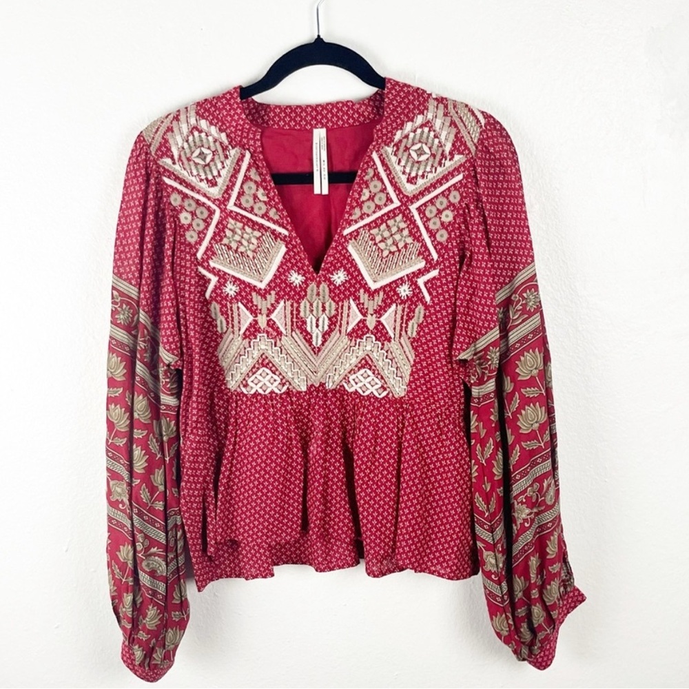 ANTHROPOLOGIE Keira Embroidered Peplum Hem Puff Long Sleeves Blouse, Size 8